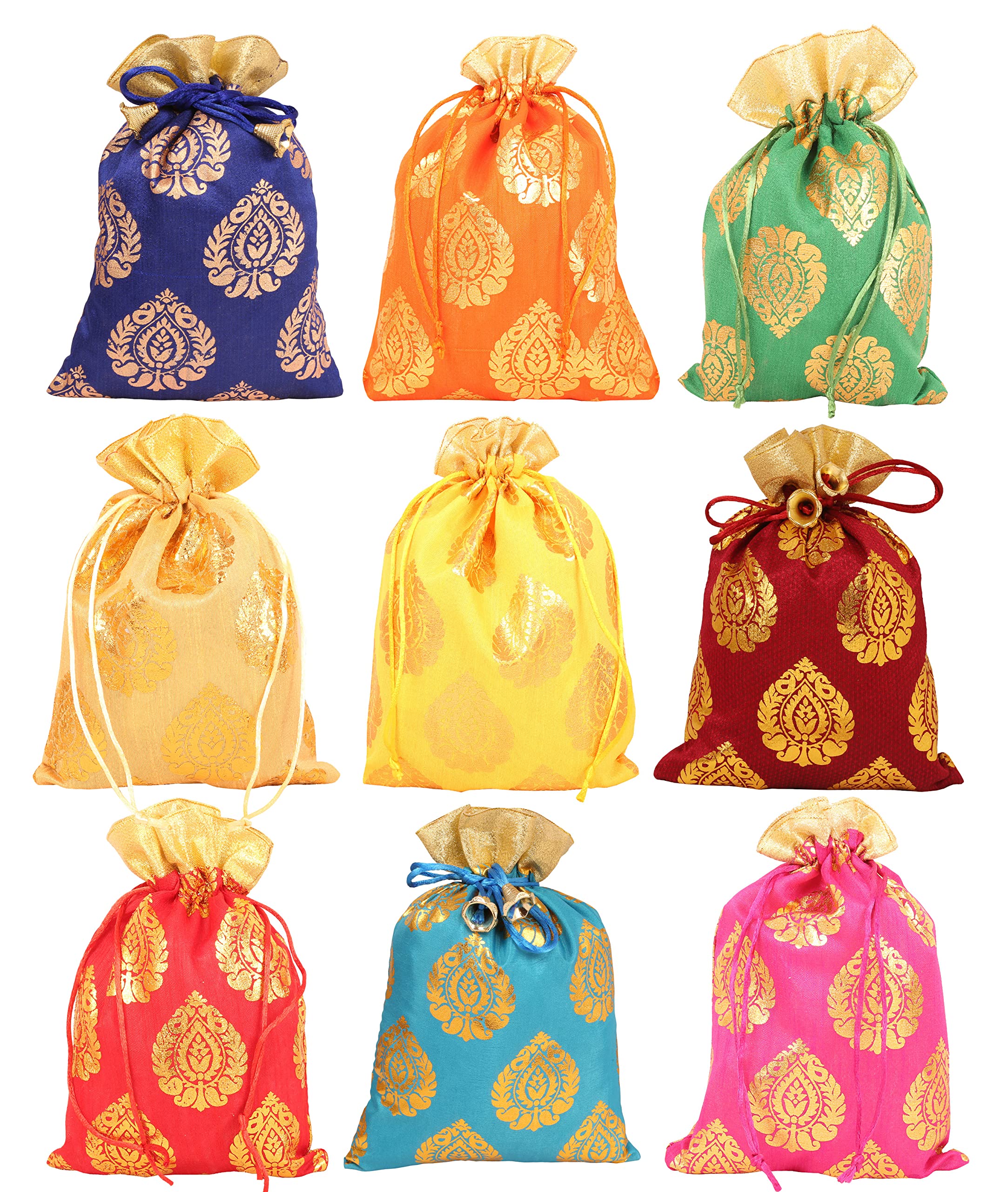 Touchstone Drawstring Bags Traditional Indian Handcrafted in Ficus Leaf Pattern Brocade Fabric. Perfect for Gifts Jewelry Weddings Sweet Distribution Set of 9 Vibrant Multicolor Pouches Purses Potli.