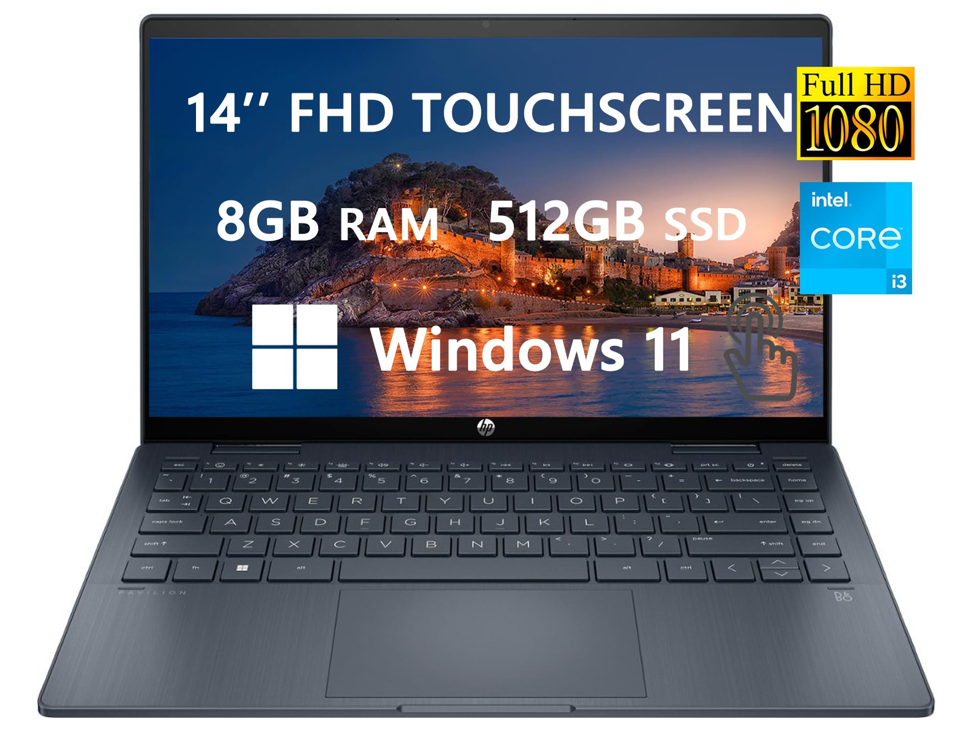 HP 2023 Pavilion 2-in-1 14" FHD Touchscreen Laptops for Student & Business, Intel 12th Gen Core i3-1215U, Up to 4.4 GHz, 8GB RAM|512GB SSD, Long Battery Life, USB-C, Windows 11, Blue, ROKC HDMI Cable