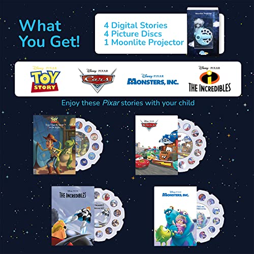 Moonlite Storytime Mini Projector with 4 Pixar Stories, A Magical Way to Read Together, Digital Storybooks, Fun Sound Effects - Toy Story, Cars, Incredibles, Monsters Inc - Gifts for Kids Age 1 and Up