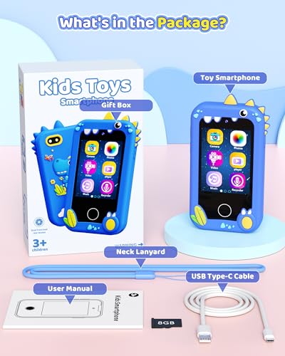 Kids Toy Smartphone, Gifts and Toys for Boys Ages 3-8 Years Old, Fake Play Toy Phone with Music Player Dual Camera Puzzle Games 8GB SD Card Touchscreen, Birthday, Kids Trip Activities