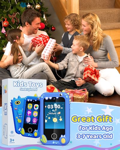 Kids Toy Smartphone, Gifts and Toys for Boys Ages 3-8 Years Old, Fake Play Toy Phone with Music Player Dual Camera Puzzle Games 8GB SD Card Touchscreen, Birthday, Kids Trip Activities