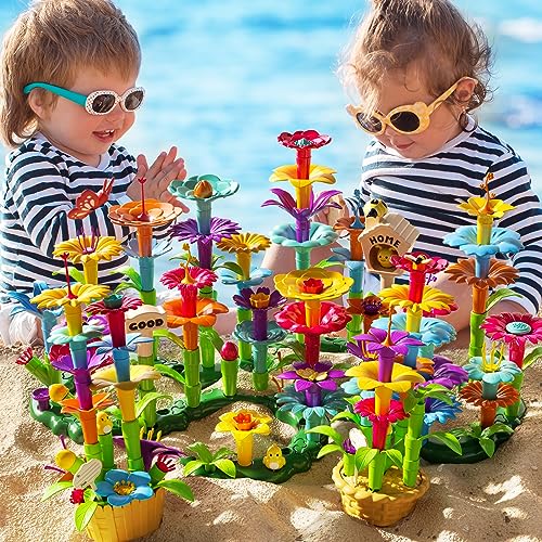 TEMI 138 PCS Educational STEM Toy and Preschool Garden Play Set for Kids Age 3-7, Flower Stacking Toys for Boys and Girls