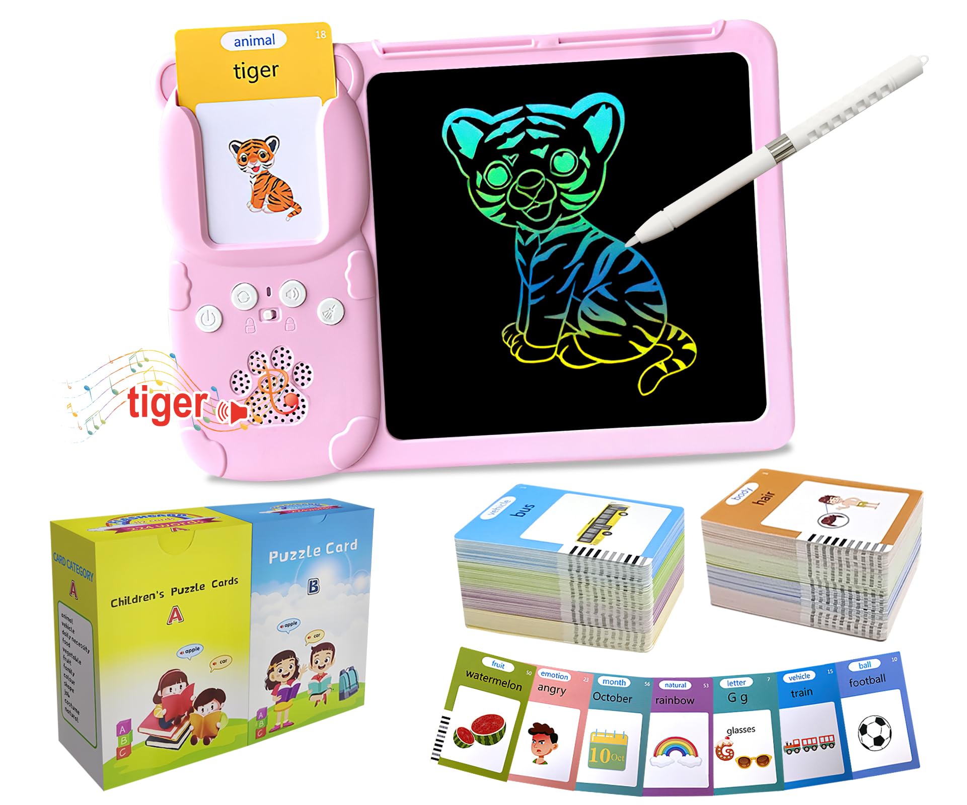 Rylai Toddler Toys Drawing Tablet with Talking Flash Card, Drop Resistant LCD Writing Tablet,510 Sight Words Pocket Speech Audible Flashcards, Learning & Education Toys for 2,3,4,5,6 Years Old Pink