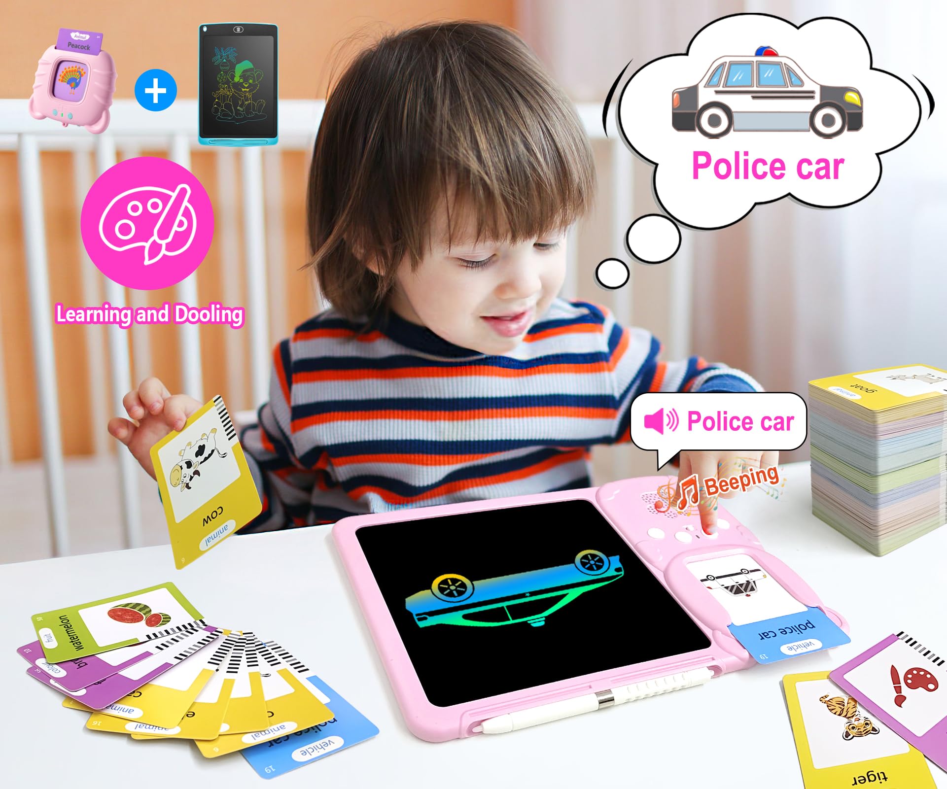 Rylai Toddler Toys Drawing Tablet with Talking Flash Card, Drop Resistant LCD Writing Tablet,510 Sight Words Pocket Speech Audible Flashcards, Learning & Education Toys for 2,3,4,5,6 Years Old Pink