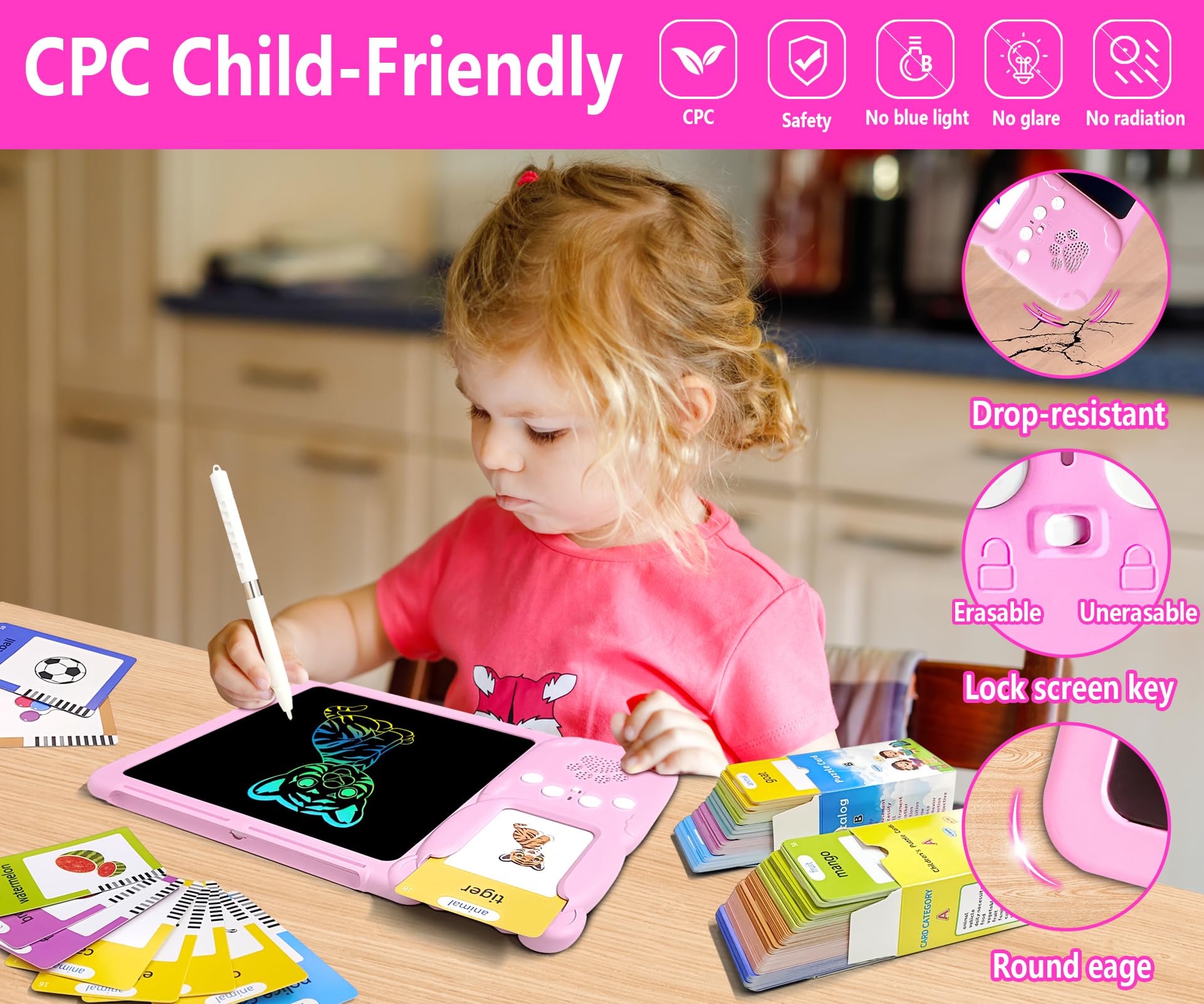 Rylai Toddler Toys Drawing Tablet with Talking Flash Card, Drop Resistant LCD Writing Tablet,510 Sight Words Pocket Speech Audible Flashcards, Learning & Education Toys for 2,3,4,5,6 Years Old Pink