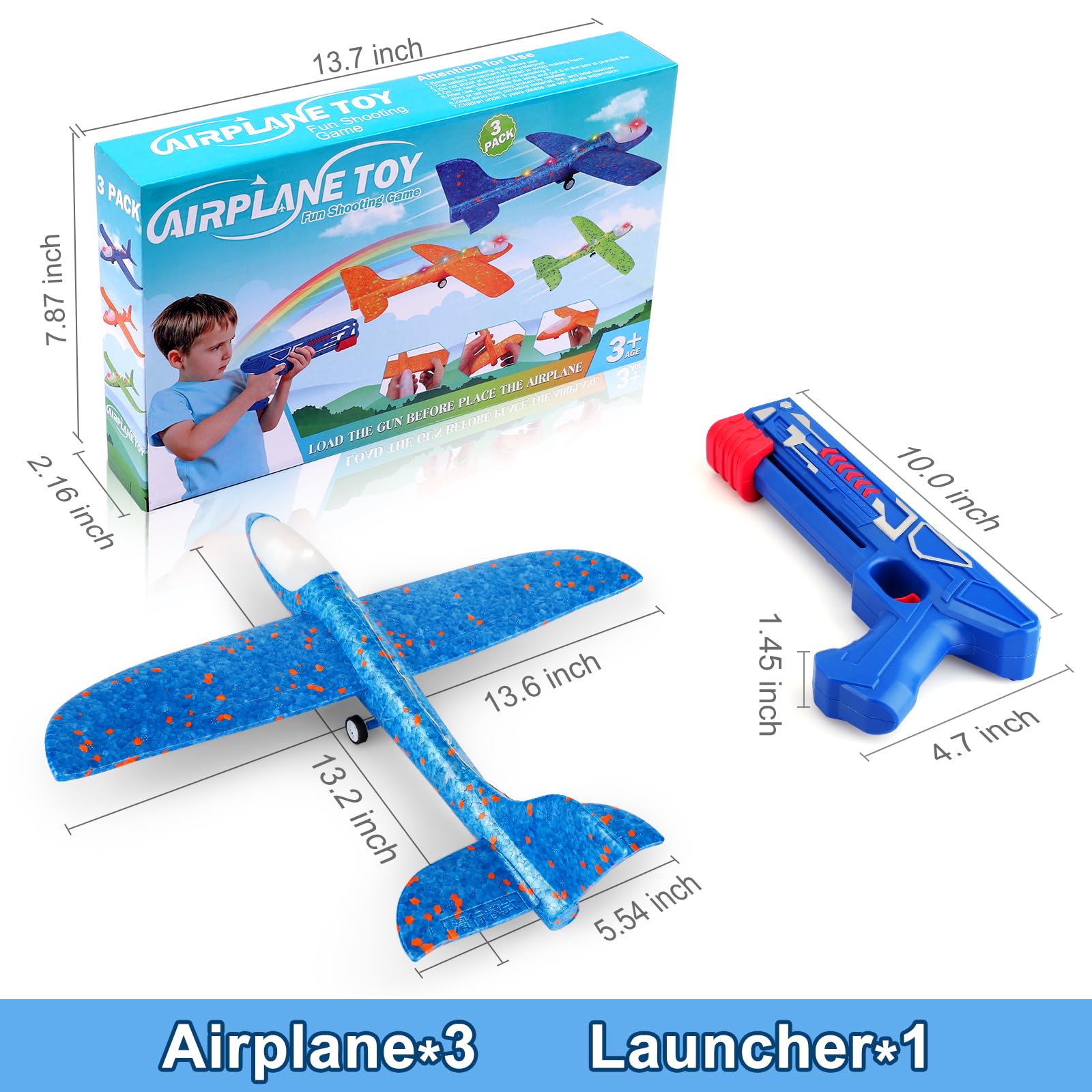 Fuwidvia 3 Pack Airplane Launcher Toys, 13.2'' LED Foam Glider Catapult Plane Toy for Boys, 2 Flight Modes Outdoor Flying Toys Birthday Gifts for Boys Girls 4 5 6 7 8 9 10 11 12 Year Old