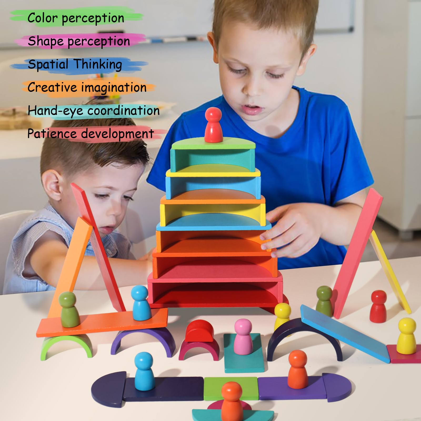 SHIERDU 45-Piece Wooden Rainbow Stack Set, 4-in-1 Building Blocks preschoolers Early Development & Activity Toys Montessori Toys for Kids 3, 4, 5, 6 Years and Older Gifts for Boys and Girls