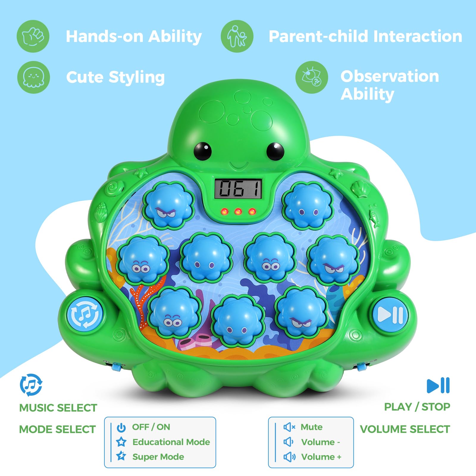 Doloowee Whack A Mole Game for Toddlers,Pounding Toy for Kids Ages 3-8 Years Boys and Girls,Early Developmental Toy,Interactive Educational Toys with Sound and Light,Soft Hammers (Green)