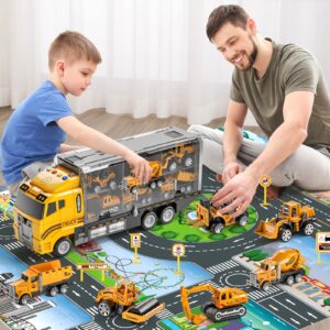 TEMI Toddler Toys for 3 4 5 6 Years Old Boys, Die-cast Construction Toys Car Carrier Vehicle Toy Set w/Play Mat, Kids Toys Truck Alloy Metal Car Toys Set for Age 3-9 Toddlers Kids Boys & Girls