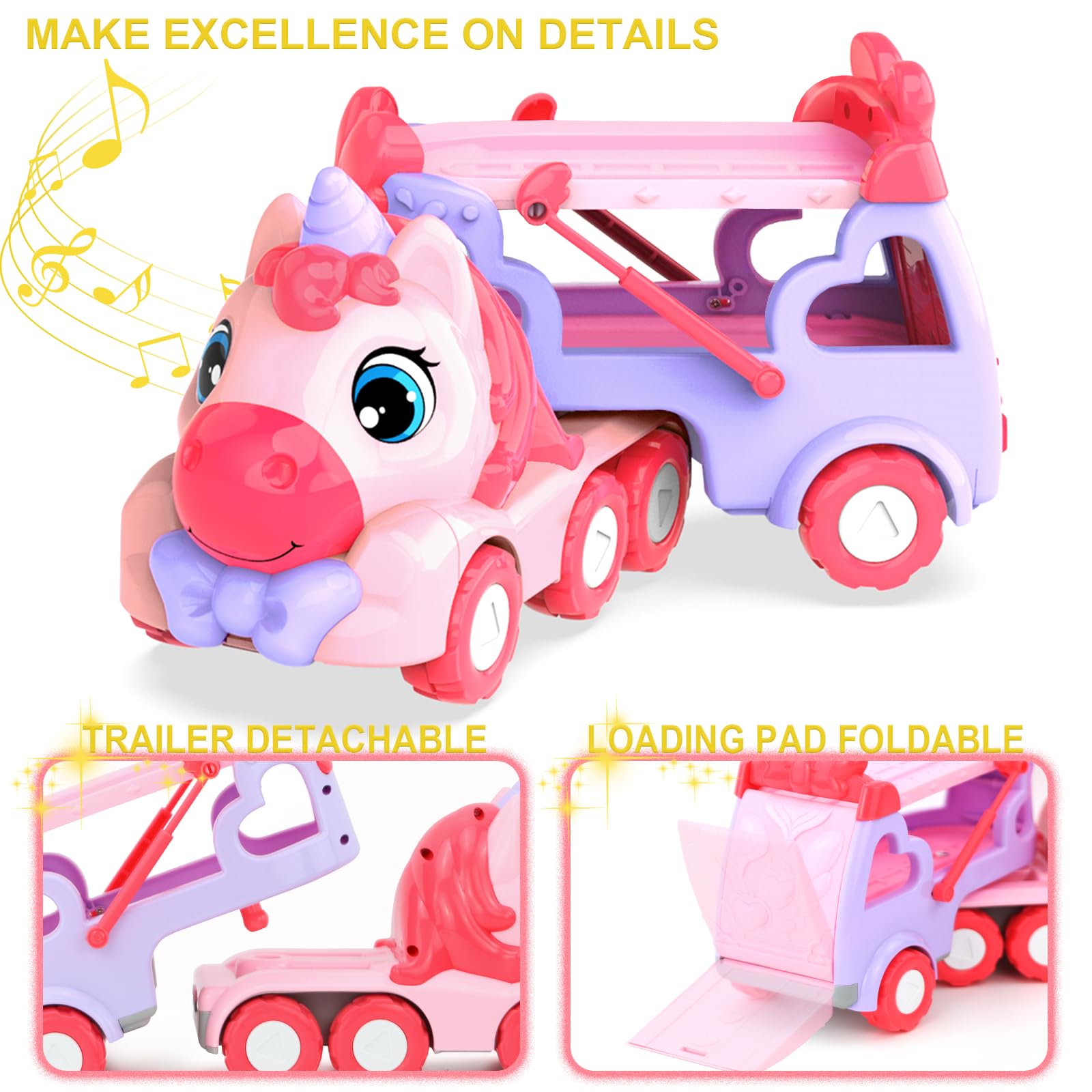 seveclotree Toys for 1 2 3 Year Old Girl, 5-in-1 Unicorn Toys Carrier Truck Toy Cars with Light & Sound,Girl Toddler Toys Age 2-4,1 2 3 Year Old Girl Birthday Gifts Kids Toys for Girls…