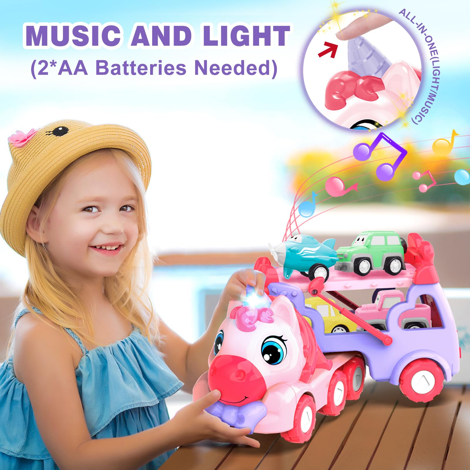 seveclotree Toys for 1 2 3 Year Old Girl, 5-in-1 Unicorn Toys Carrier Truck Toy Cars with Light & Sound,Girl Toddler Toys Age 2-4,1 2 3 Year Old Girl Birthday Gifts Kids Toys for Girls…