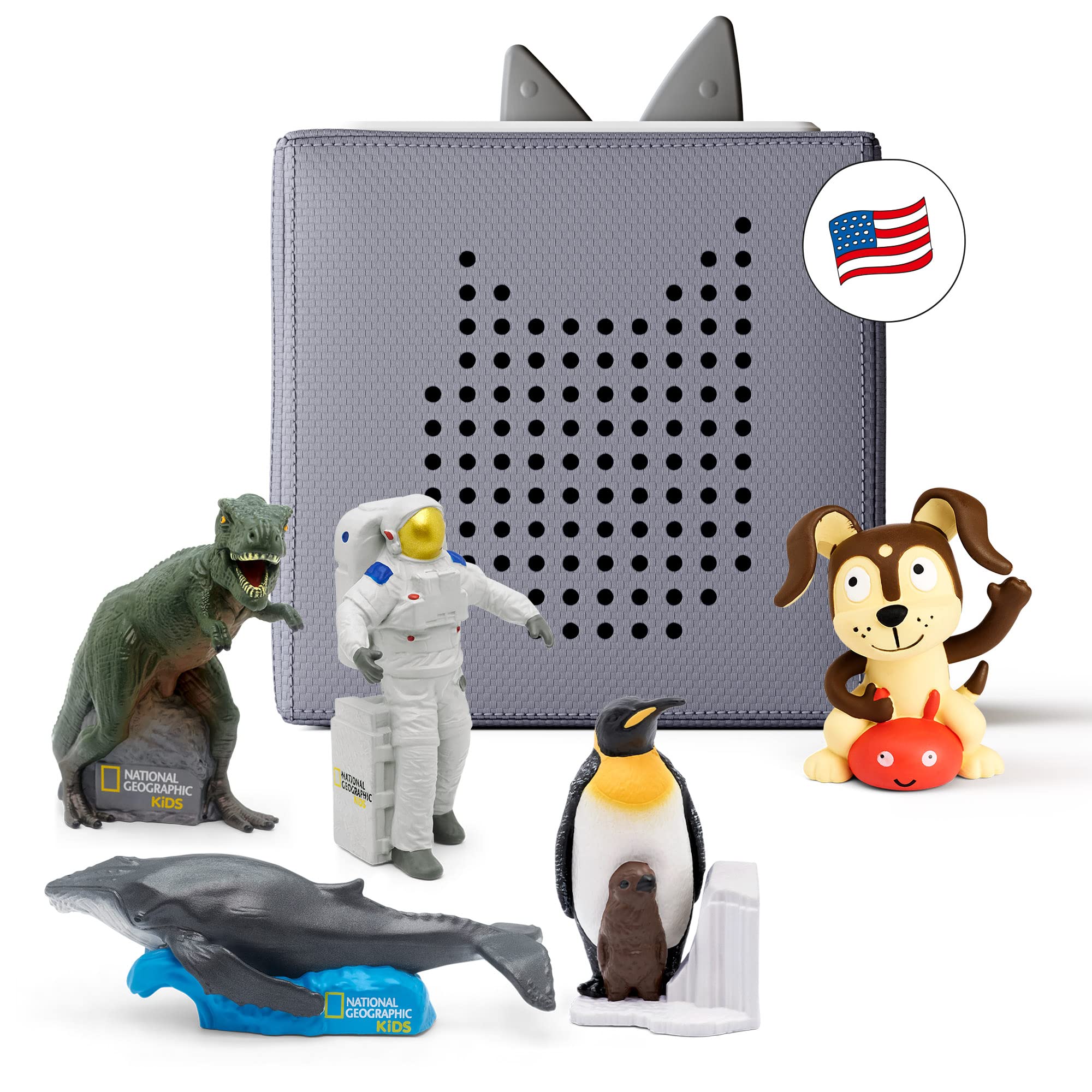 Toniebox Audio Player Starter Set with National Geographic Astronaut, Dinosaur, Whale, Penguin, and Playtime Puppy - Listen, Learn, and Play with One Huggable Little Box - Gray