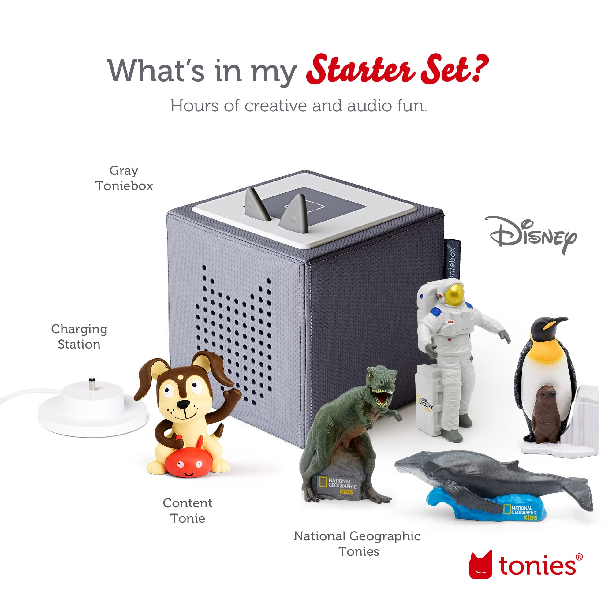 Toniebox Audio Player Starter Set with National Geographic Astronaut, Dinosaur, Whale, Penguin, and Playtime Puppy - Listen, Learn, and Play with One Huggable Little Box - Gray