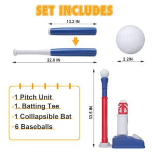 EagleStone 2 in 1 T Ball Set for Kids 3-5, Tee Ball Set for Toddlers with Step on Pitching Machine, Adjustable Batting Tee, Tball Bat and 6 Balls, Outdoor Baseball Christmas Toy Gift for Boys & Girls