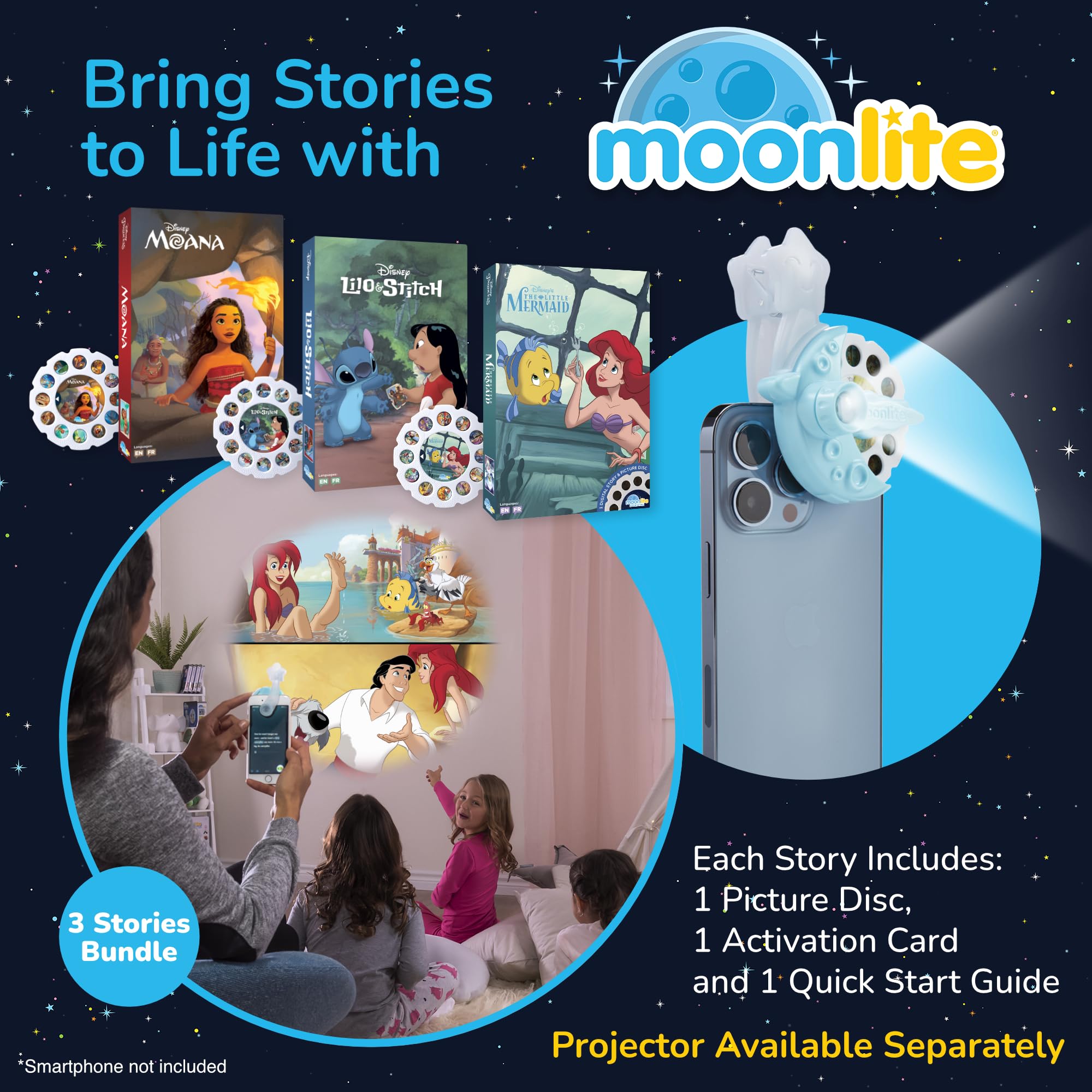 Moonlite Storytime Storybook Reels, 3 Story Set, Moana, Lilo and Stitch, The Little Mermaid, Digital Stories for Projector, Toddler Early Learning Gifts for Kids Ages 12 Months and Up