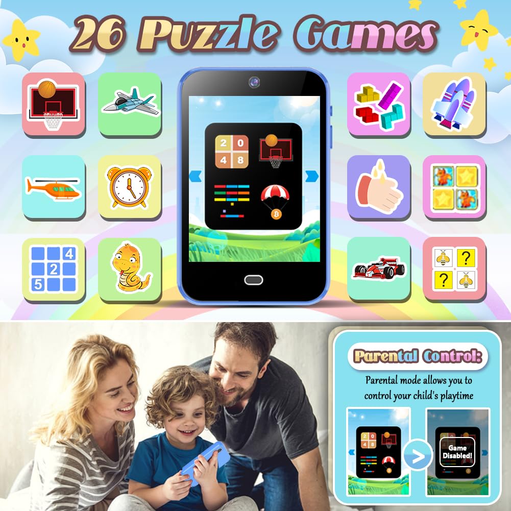 Kids Smart Phone Toys for Boys Girls Age 3 4 5 6 7 8 with Dual Camera 28 Puzzle Games 8G TF Card Music Video Audible Story Knowledge Card Toddler Learning Play Phone Christmas Birthday Gifts