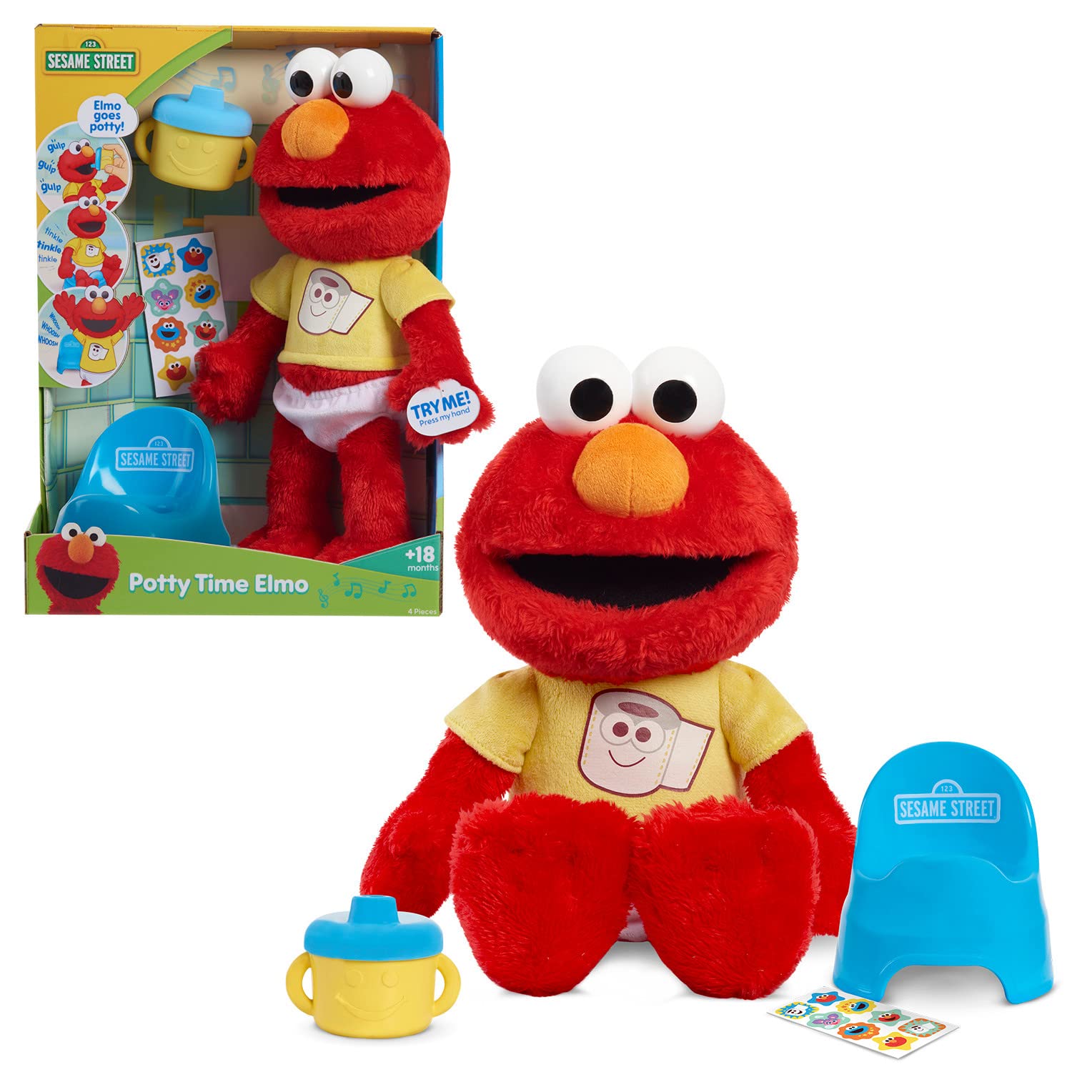 SESAME STREET Potty Time Elmo 12-Inch Sustainable Plush Stuffed Animal, Sounds and Phrases, Potty Training Tool, Officially Licensed Kids Toys for Ages 18 Month by Just Play, Medium