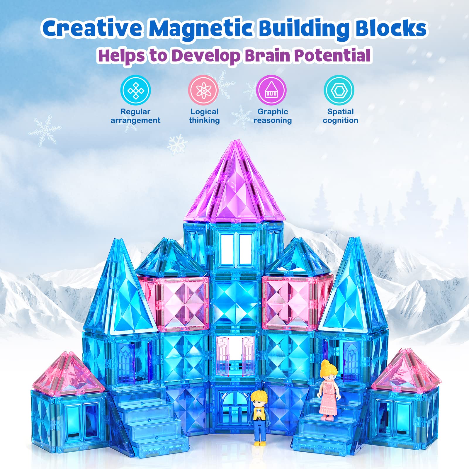 BENOKER 102pcs Frozen Castle Magnetic Tiles - 3D Diamond Building Blocks, STEM Educational Kids Toys for Pretend Play, 3 4 5 6 7 8 Year Old Girl Birthday Gifts for Your Princess and Prince