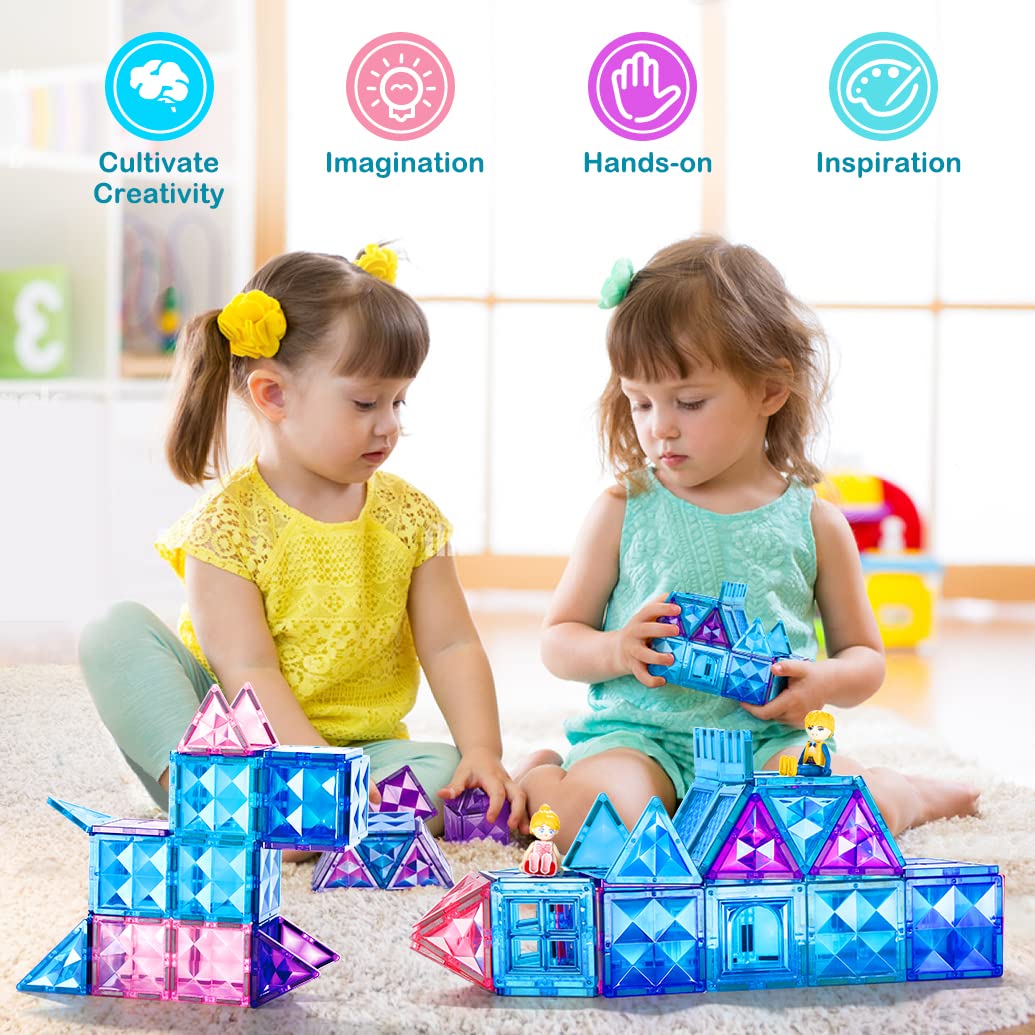 BENOKER 102pcs Frozen Castle Magnetic Tiles - 3D Diamond Building Blocks, STEM Educational Kids Toys for Pretend Play, 3 4 5 6 7 8 Year Old Girl Birthday Gifts for Your Princess and Prince