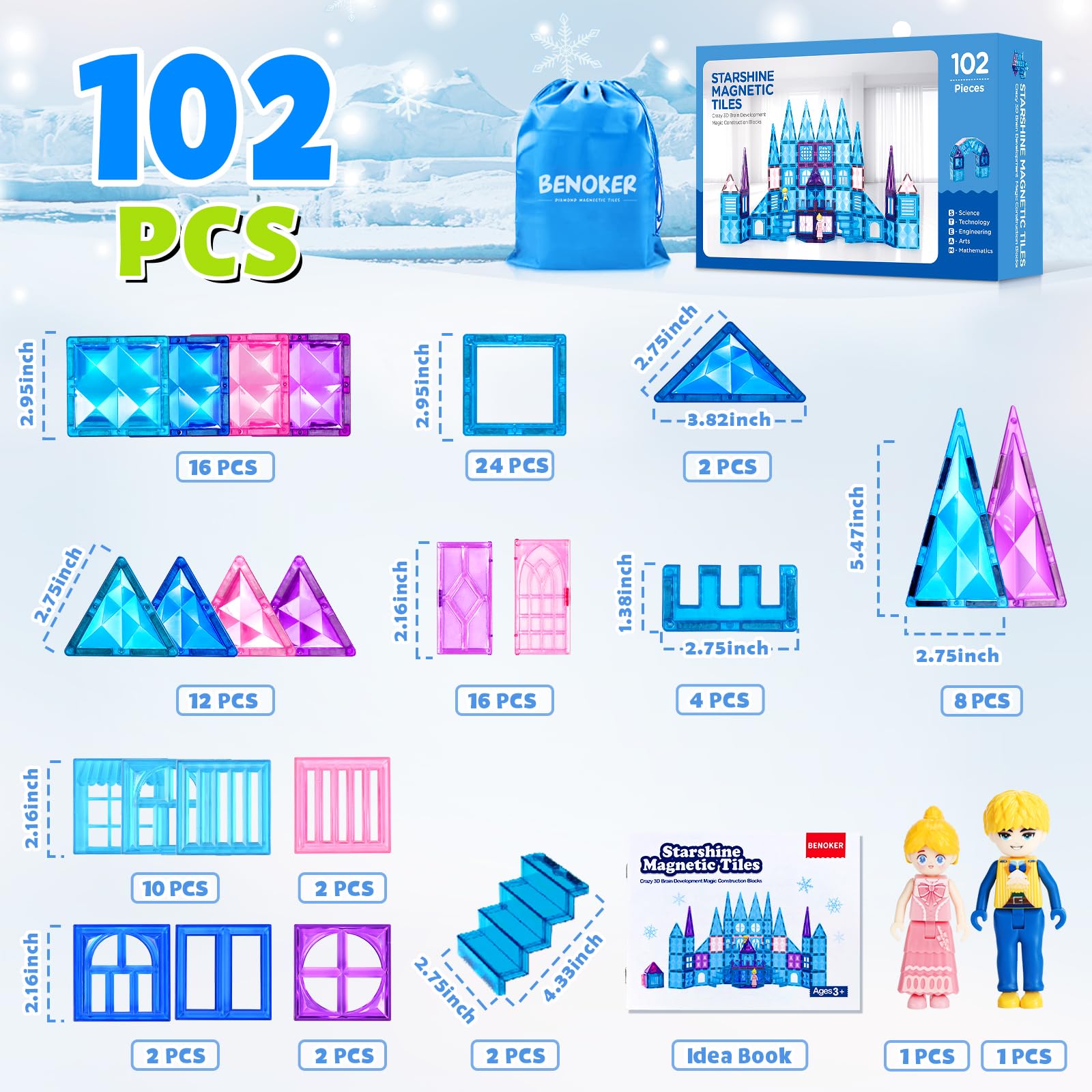 BENOKER 102pcs Frozen Castle Magnetic Tiles - 3D Diamond Building Blocks, STEM Educational Kids Toys for Pretend Play, 3 4 5 6 7 8 Year Old Girl Birthday Gifts for Your Princess and Prince