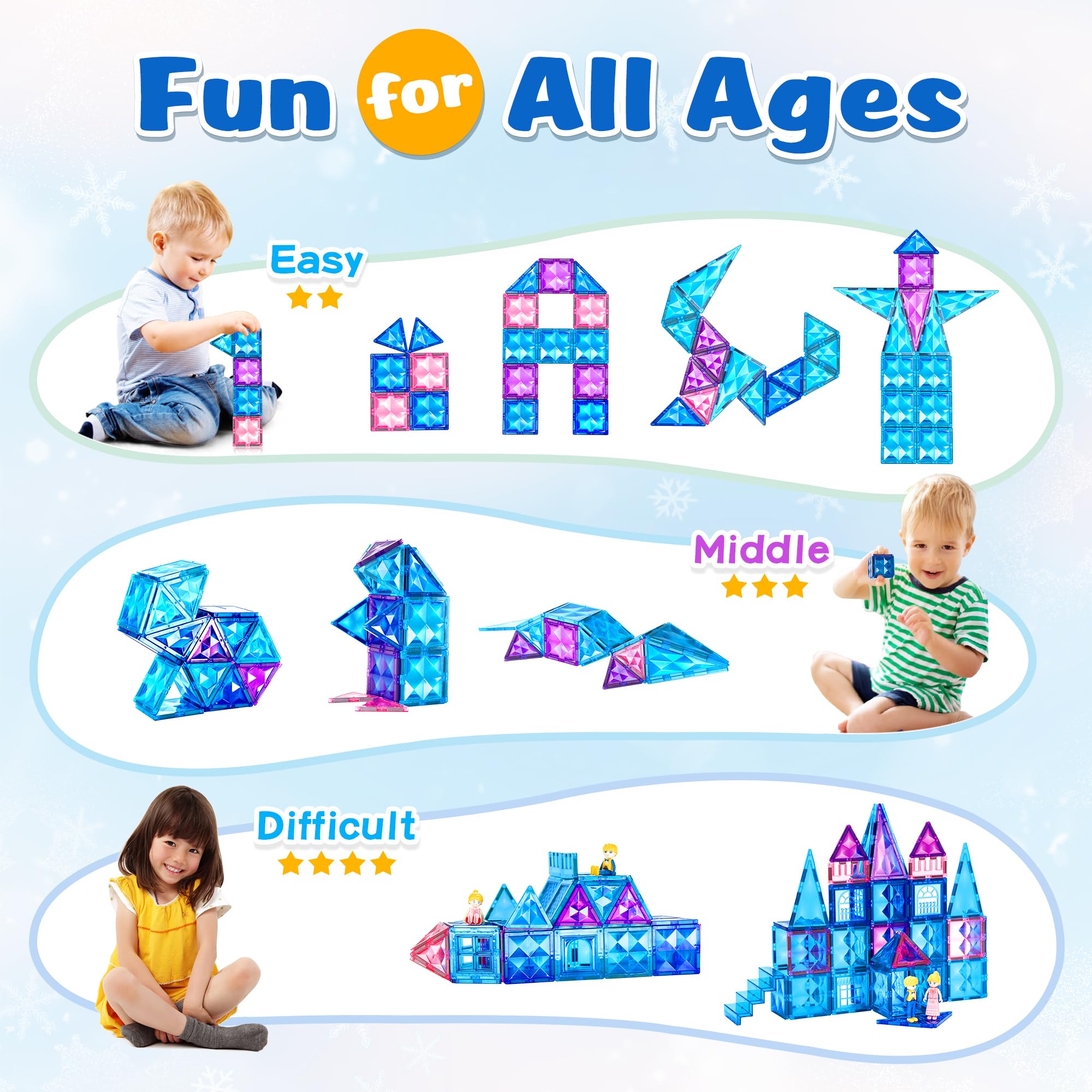 BENOKER 102pcs Frozen Castle Magnetic Tiles - 3D Diamond Building Blocks, STEM Educational Kids Toys for Pretend Play, 3 4 5 6 7 8 Year Old Girl Birthday Gifts for Your Princess and Prince