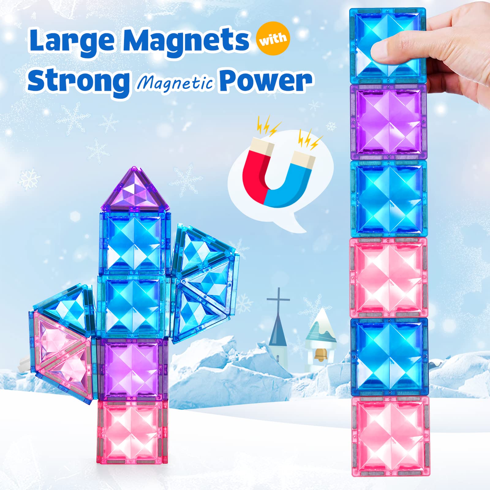 BENOKER 102pcs Frozen Castle Magnetic Tiles - 3D Diamond Building Blocks, STEM Educational Kids Toys for Pretend Play, 3 4 5 6 7 8 Year Old Girl Birthday Gifts for Your Princess and Prince