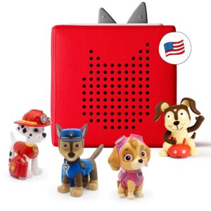 toniebox audio player starter set with chase, skye, marshall, and playtime puppy - listen, learn, and play with one huggable little box - red