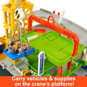 Matchbox Toy Cars & Playset, Action Drivers Epic Construction Yard, 20-in Tall Working Crane & 1:64 Scale Back Hoe & Accessories