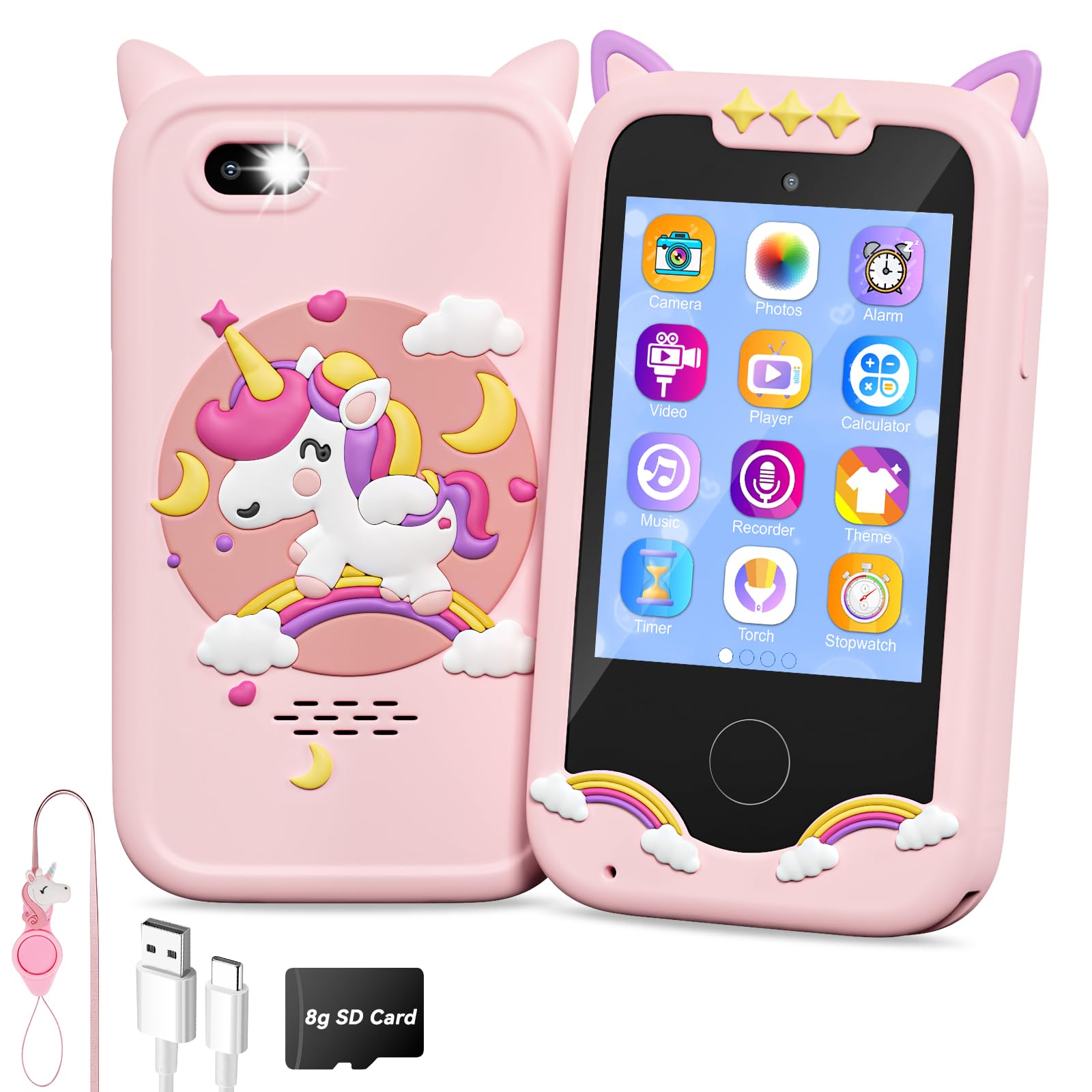 Kids Smart Phone for Girls, Unicorns Gifts for Girls Toys Cell Phone with Touchscreen Camera Learning Play Phone for Christmas Birthday Gifts Ideas Age 3 4 5 6 7 8 9 Year Old Smartphone