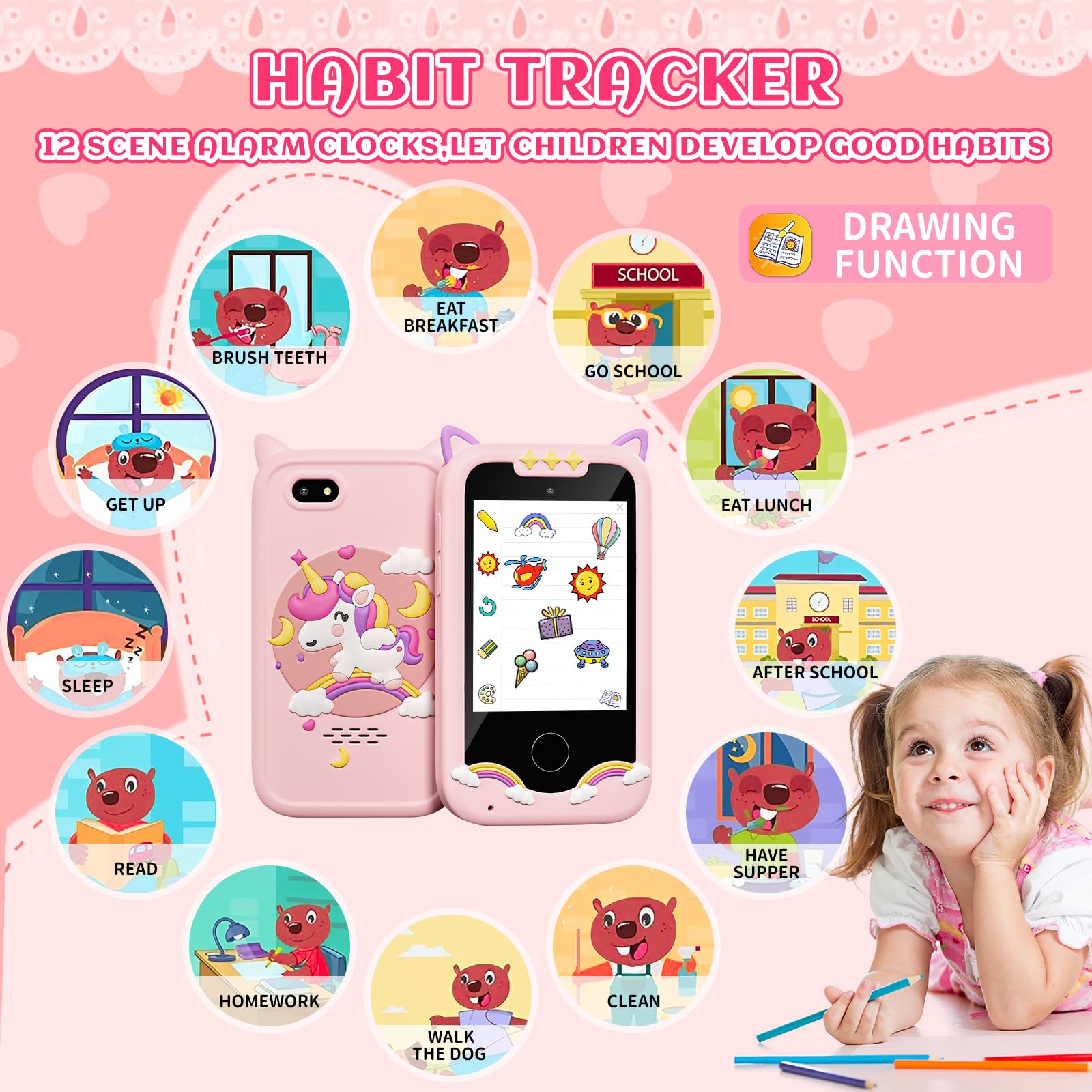 Kids Smart Phone for Girls, Unicorns Gifts for Girls Toys Cell Phone with Touchscreen Camera Learning Play Phone for Christmas Birthday Gifts Ideas Age 3 4 5 6 7 8 9 Year Old Smartphone