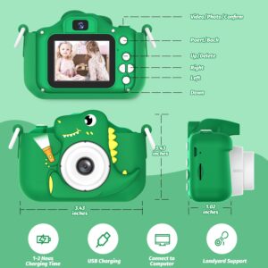 OUTUVAS Dinosaur Kids Camera for Boys, 12MP, 1080P HD Video, Rechargeable Battery, 32GB SD Card, Portable Lanyard, Educational Games, Green, 3-12 Years