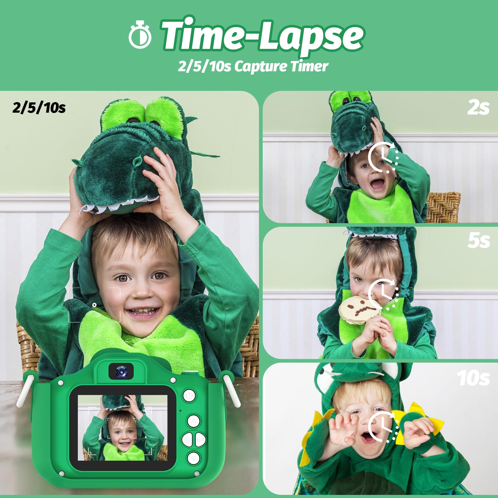 OUTUVAS Dinosaur Kids Camera for Boys, 12MP, 1080P HD Video, Rechargeable Battery, 32GB SD Card, Portable Lanyard, Educational Games, Green, 3-12 Years