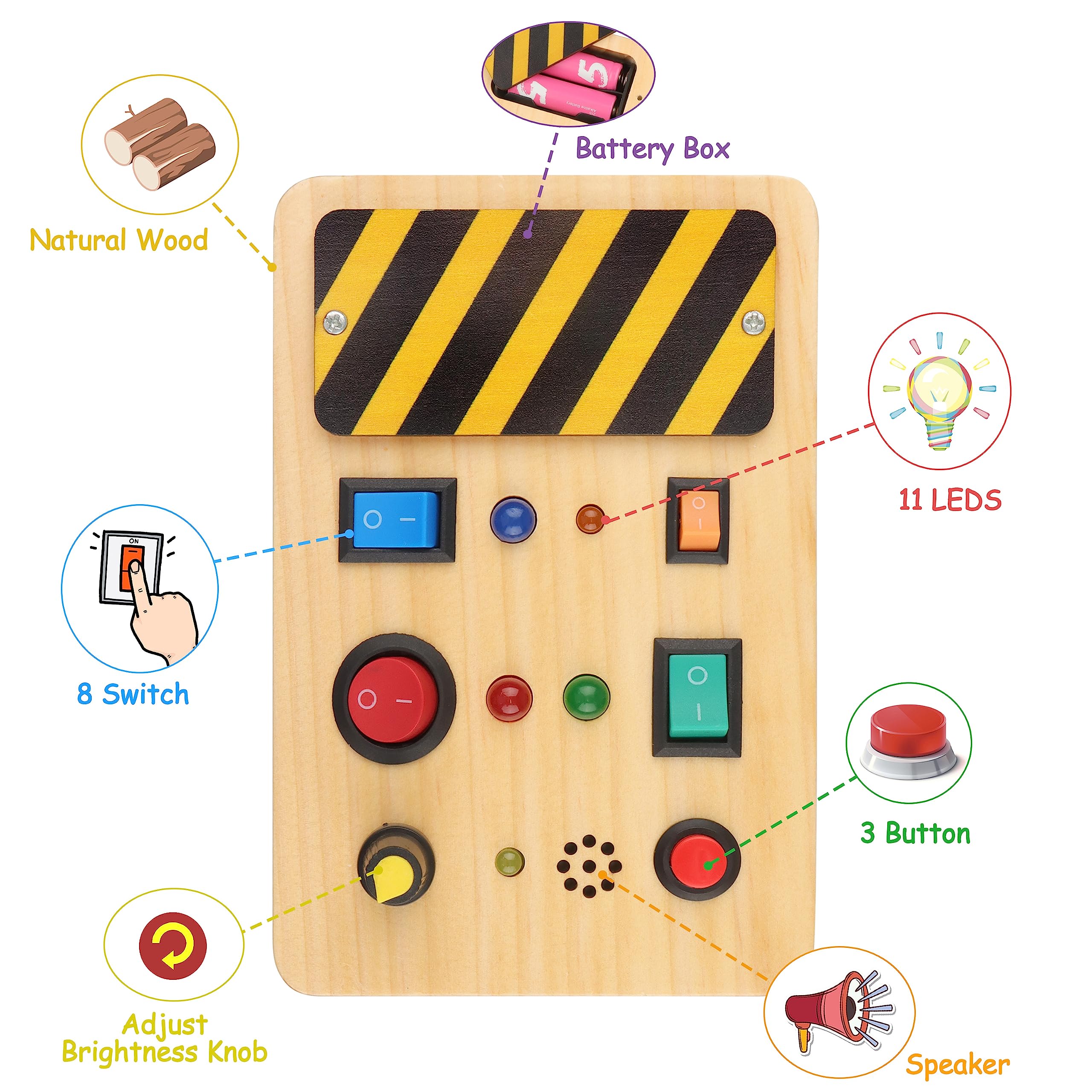 Ouriky Busy Board Toys for Ages 2-4 Toddler Boy Toys 2-3, Wooden Travel Toys with Light Up LED Buttons, Sounds Educational Learning Toys Toddler Gifts for 2-5 Boys Girls