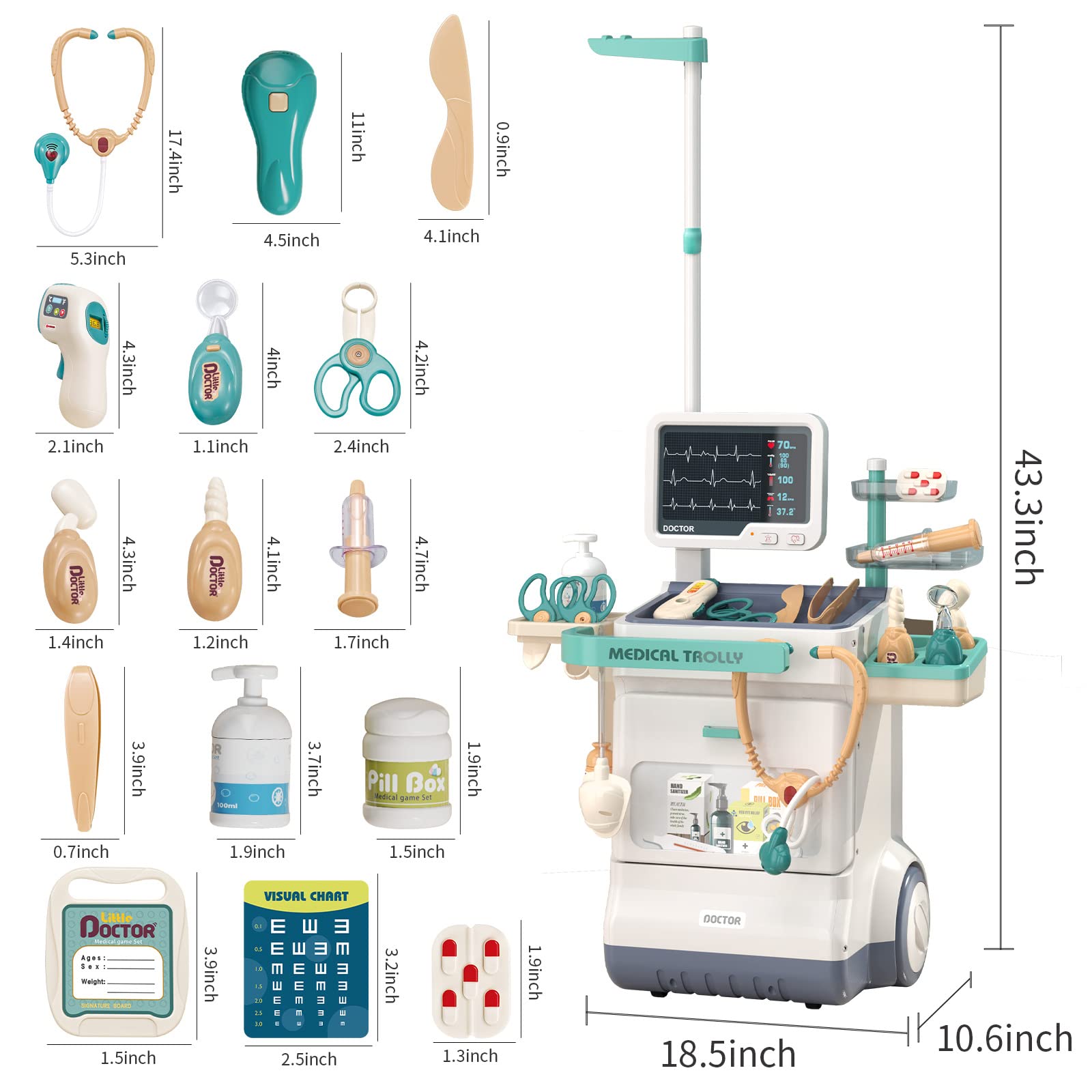 Deejoy Toy Doctor Kit for Kids, Pretend Medical Station Set for Boys & Girls, 26 Accessories Mobile Cart with Lights and Thermometer, Kids Doctor Kit for Toddlers 3-5 Years Old