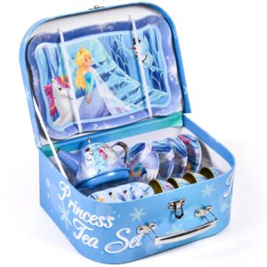 Golray Tea Party Set for Little Girls Frozen Toys Inspired Elsa Princess Gift, 49Pcs Kid Tin Tea Set & Luxury Food Playset & Carry Case, Kitchen Pretend Play Toy 3-5 Years Toddler Girls Birthday Gift