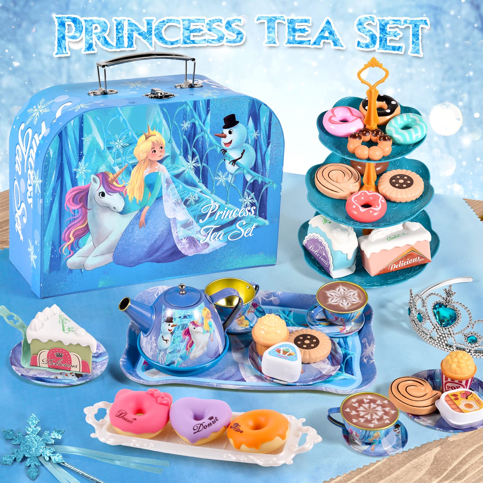 Golray Tea Party Set for Little Girls Frozen Toys Inspired Elsa Princess Gift, 49Pcs Kid Tin Tea Set & Luxury Food Playset & Carry Case, Kitchen Pretend Play Toy 3-5 Years Toddler Girls Birthday Gift