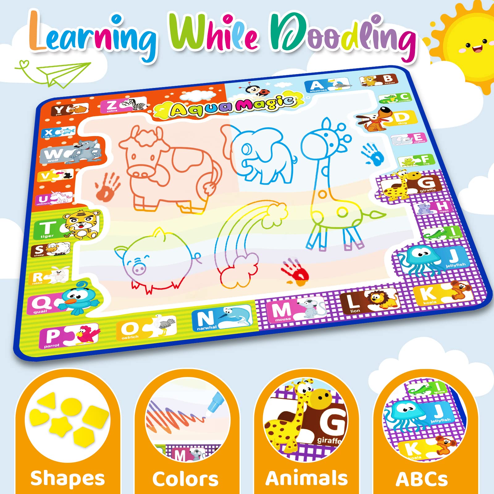 YEEBAY Water Doodle Mat,Learing Toys for 3,4 Year Old Girls/Boys - Mess Free Painting Writing Doodle Activity Mat - Ideal Gifts for Aged 3+ Toddler, Kids