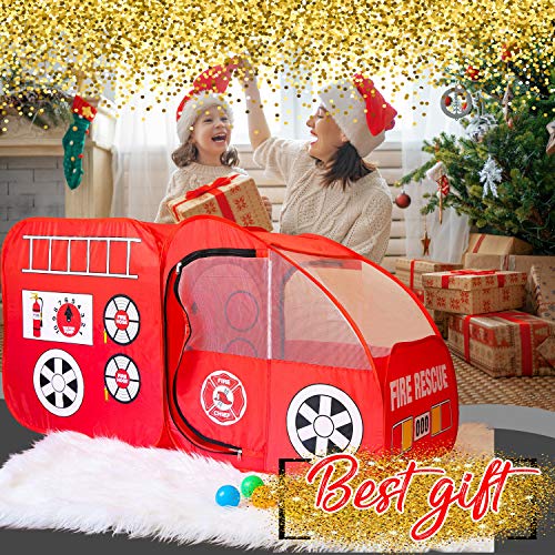 Kiddey Fire Truck Play Tent for Kids - Firetruck Tents with Sirens and Fireman Sound Button for Girls, Boys, & Toddlers Gifts - Red Fire Engine Pop Up Playhouse for Toddler - Indoor & Outdoor