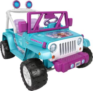 power wheels disney frozen jeep wrangler ride-on battery powered vehicle with music sounds & storage, preschool kids ages 3+ years​, baby blue/purple