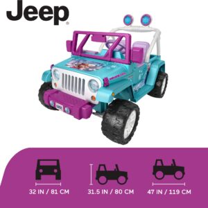 Power Wheels Disney Frozen Jeep Wrangler Ride-On Battery Powered Vehicle with Music Sounds & Storage, Preschool Kids Ages 3+ Years​, Baby Blue/Purple