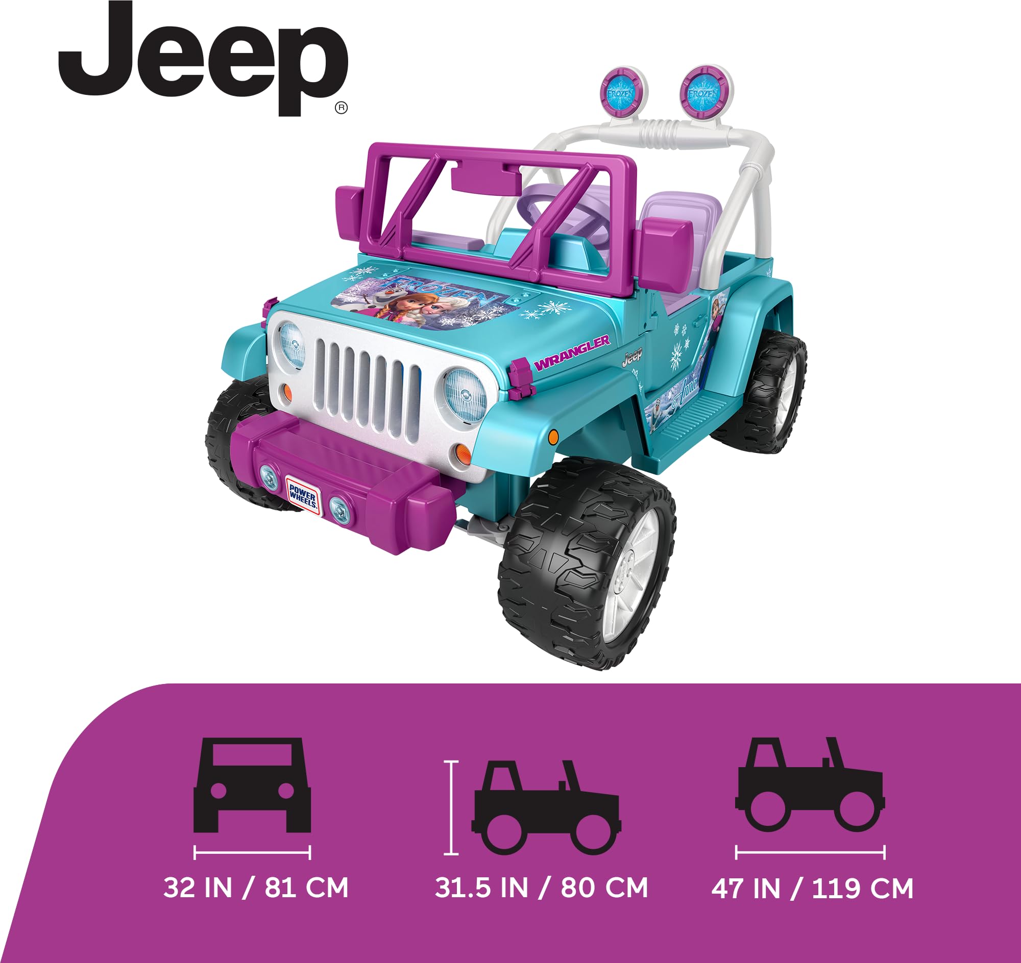 Power Wheels Disney Frozen Jeep Wrangler Ride-On Battery Powered Vehicle with Music Sounds & Storage, Preschool Kids Ages 3+ Years​, Baby Blue/Purple