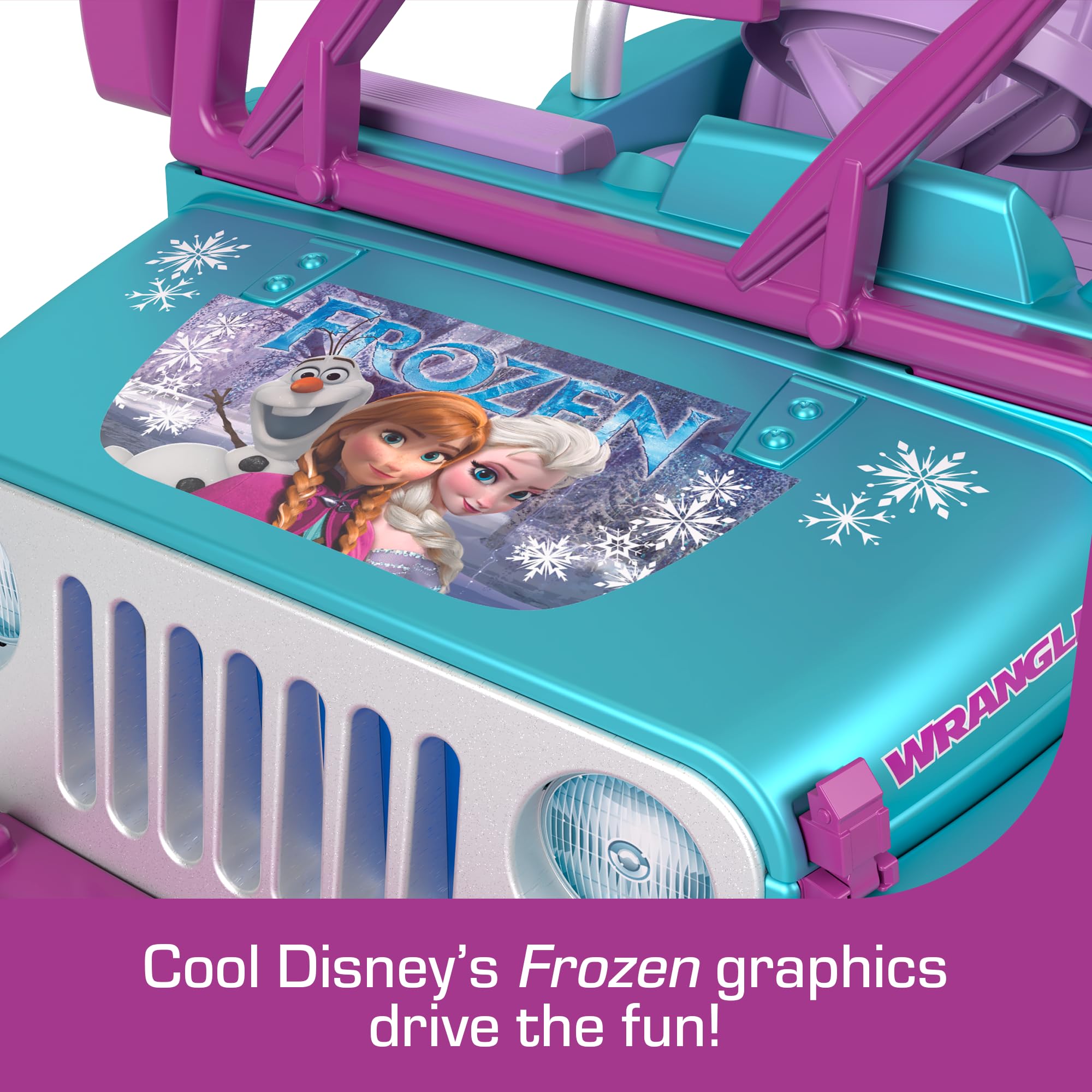 Power Wheels Disney Frozen Jeep Wrangler Ride-On Battery Powered Vehicle with Music Sounds & Storage, Preschool Kids Ages 3+ Years​, Baby Blue/Purple