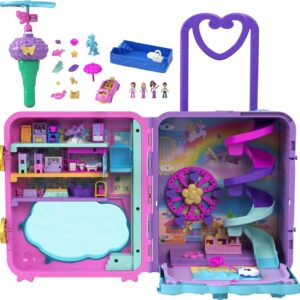 Polly Pocket Pollyville Playset, Resort Rollaway Suitcase, Large Travel Toy with 4 Dolls, Car, 25+ Accessories & Storage