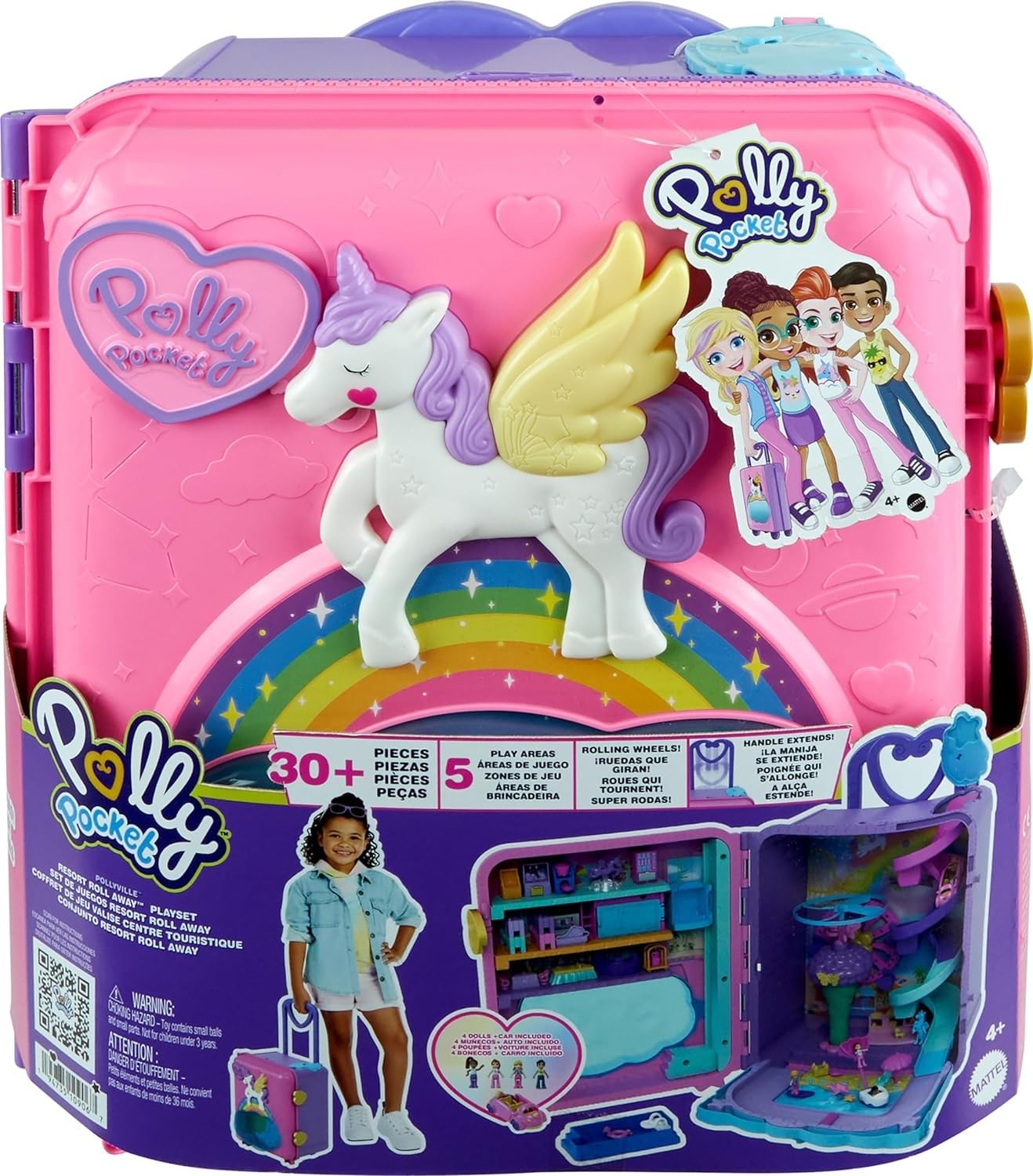 Polly Pocket Pollyville Playset, Resort Rollaway Suitcase, Large Travel Toy with 4 Dolls, Car, 25+ Accessories & Storage