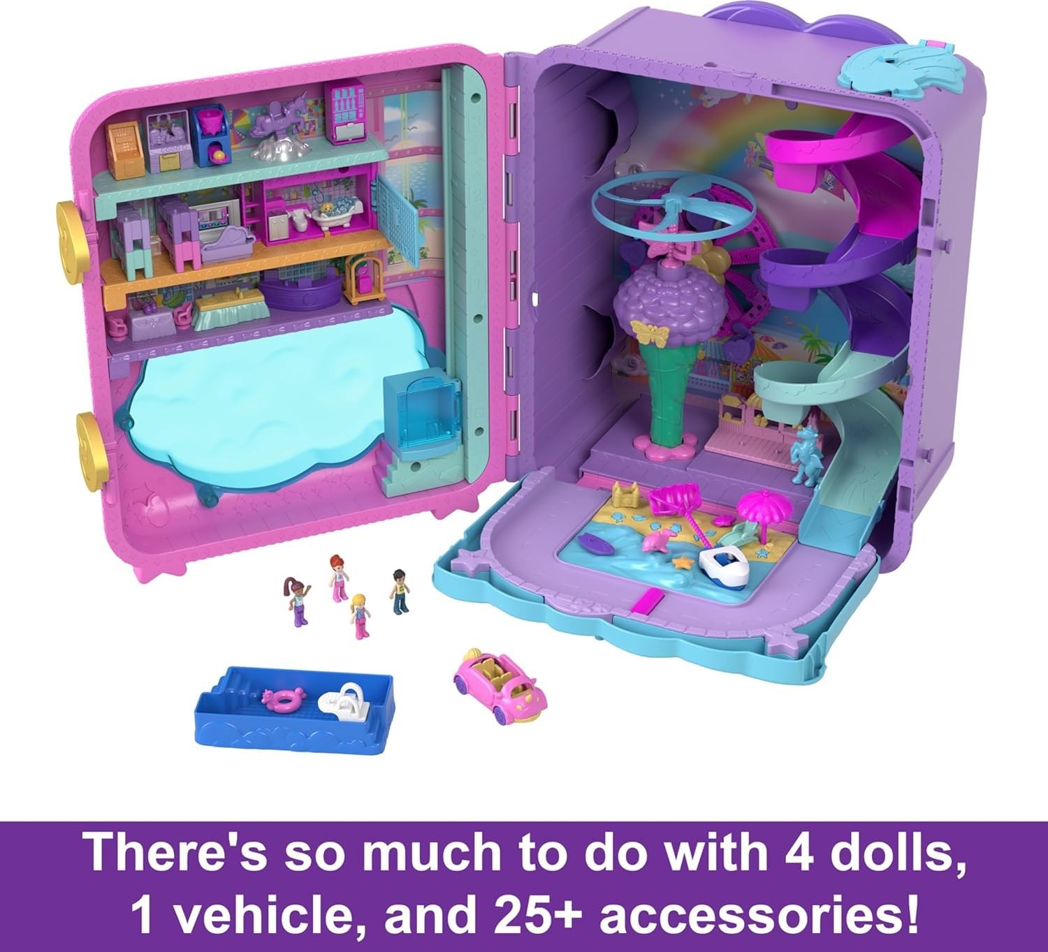 Polly Pocket Pollyville Playset, Resort Rollaway Suitcase, Large Travel Toy with 4 Dolls, Car, 25+ Accessories & Storage