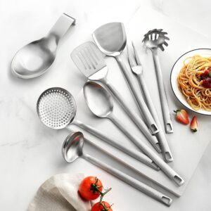 McCook® MC60 Kitchen Utensil Set, Stainless Steel Cooking Utensils Sets, 9-Piece Kitchen Turner, Serving Spoon, Ladle, Skimmer Spoons, Fork, Pasta Server,Spoon Rest and Holder