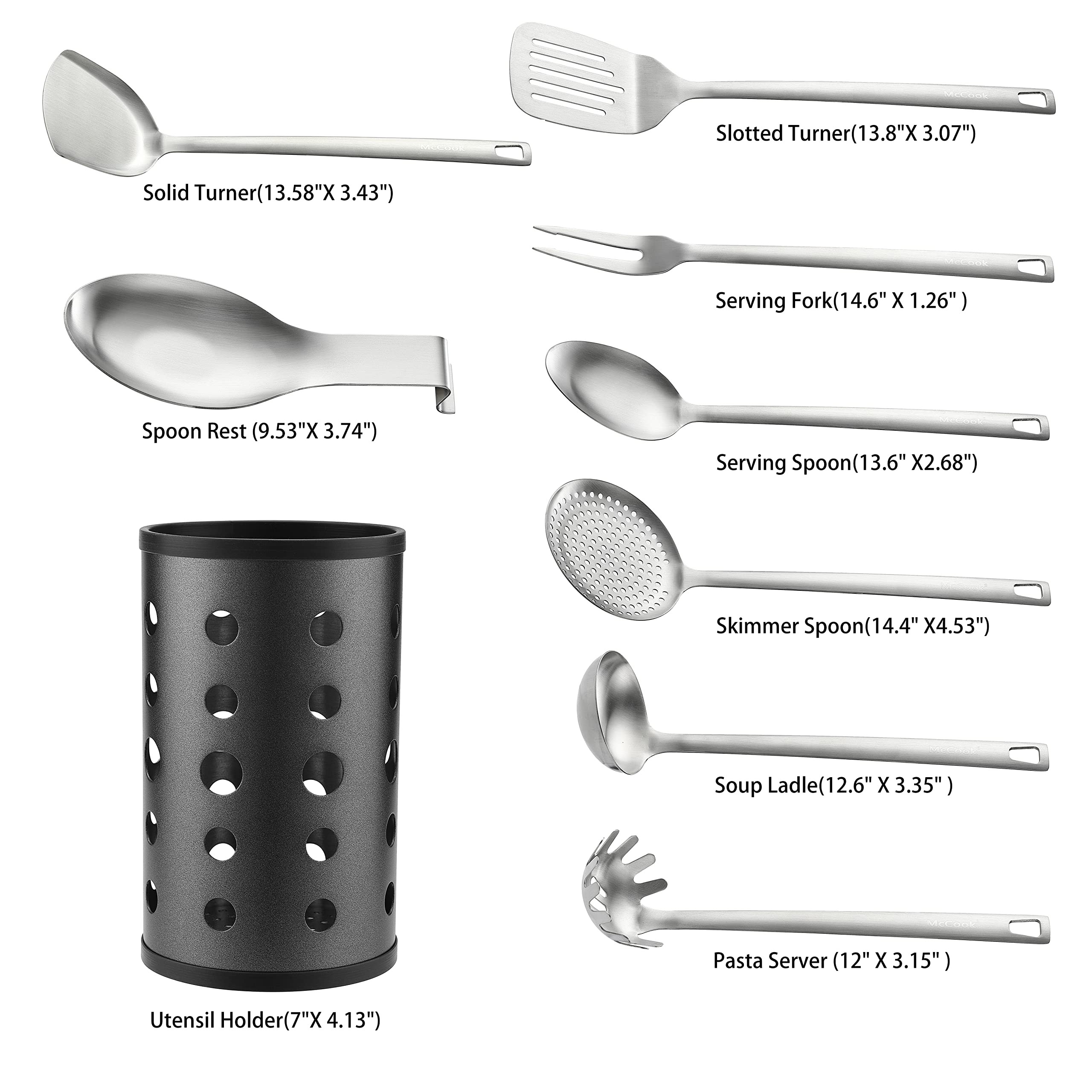 McCook® MC60 Kitchen Utensil Set, Stainless Steel Cooking Utensils Sets, 9-Piece Kitchen Turner, Serving Spoon, Ladle, Skimmer Spoons, Fork, Pasta Server,Spoon Rest and Holder