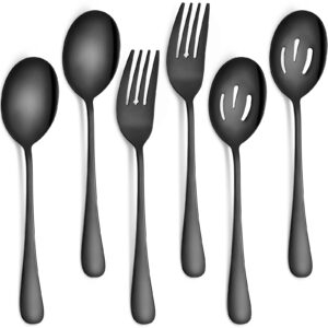 6 pack serving spoons set includes 2 serving spoons 2 slotted serving spoons and 2 serving forks stainless steel buffet dinner restaurant serving spoons set for party banquet, 8.7 inch (black)