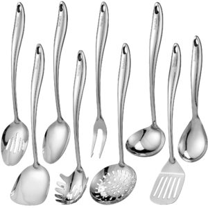 304 stainless steel kitchen utensil set - 9 pcs serving utensils, cooking utensil, solid spoon, slotted spoon, fork, spatula, ladle, skimmer spoon, slotted spatula tunner, spaghetti spoon, large spoon