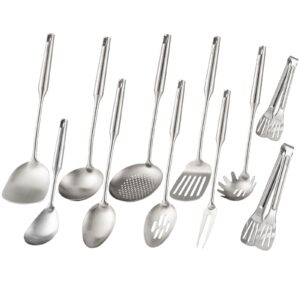 304 stainless steel kitchen utensils set, 11 pcs all metal cooking spoons - 2 tongs, fork, solid spoon, slotted spoon, spatula, soup ladle, skimmer, slotted spatula, spaghetti spoon, large spoon